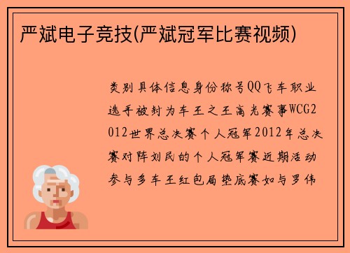 严斌电子竞技(严斌冠军比赛视频)